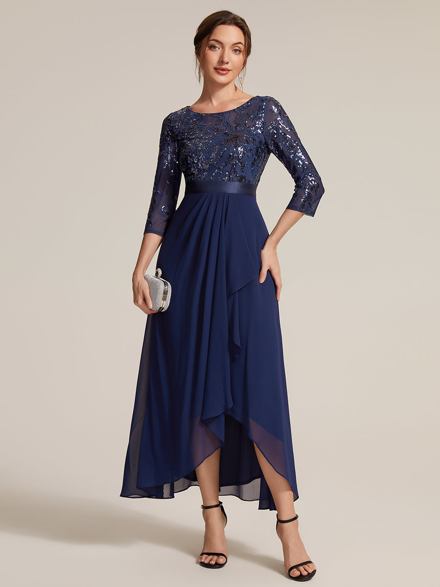 Asymmetrischer Saum Kleid Runder Ausschnitt Pailletten Transparent Schlitz Design #Farbe_Marineblau