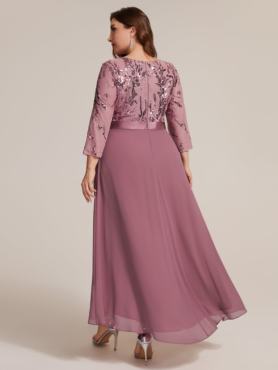 Asymmetrischer Saum Kleid Runder Ausschnitt Pailletten Transparent Schlitz Design #Farbe_Orchideenviolett
