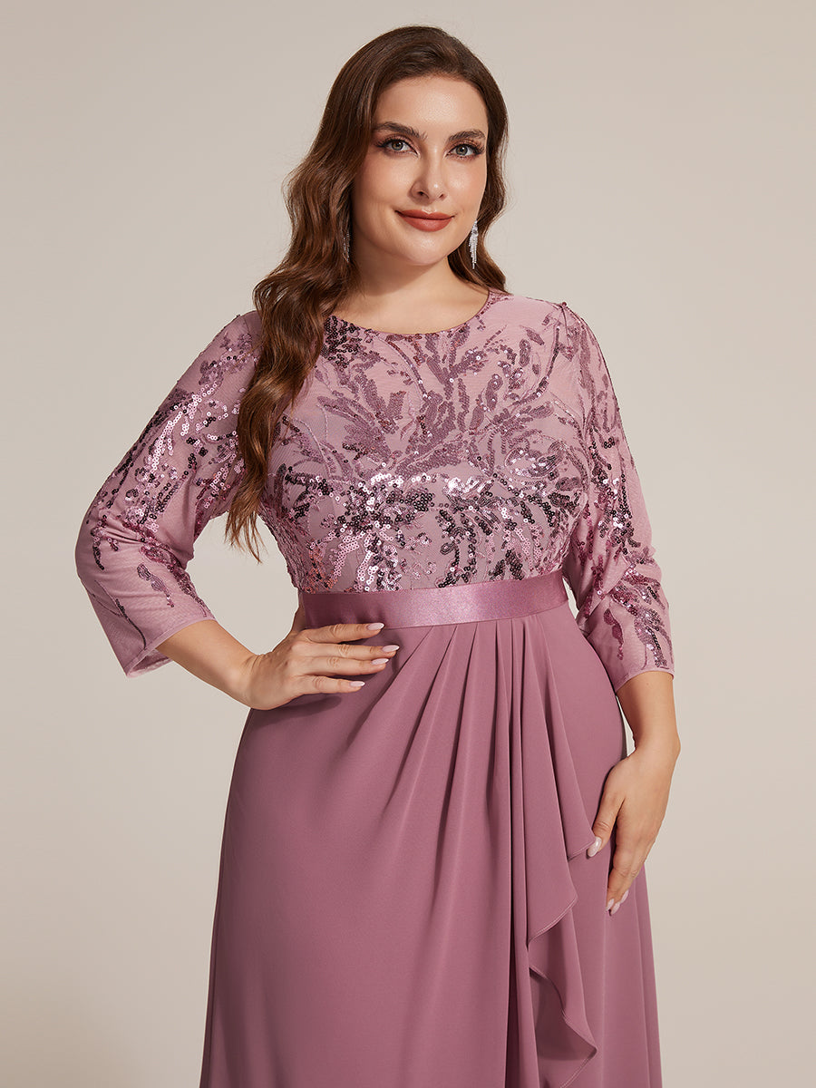 Asymmetrischer Saum Kleid Runder Ausschnitt Pailletten Transparent Schlitz Design #Farbe_Orchideenviolett