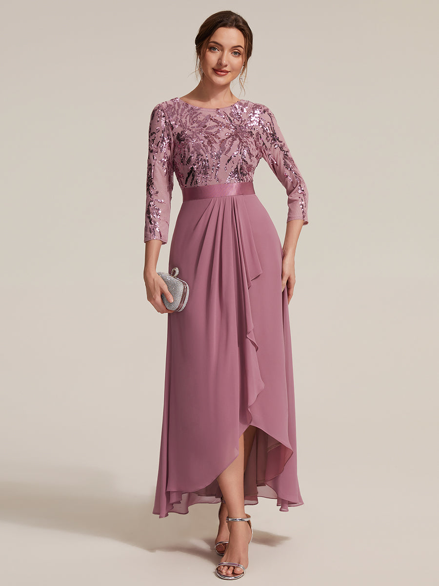 Asymmetrischer Saum Kleid Runder Ausschnitt Pailletten Transparent Schlitz Design #Farbe_Orchideenviolett