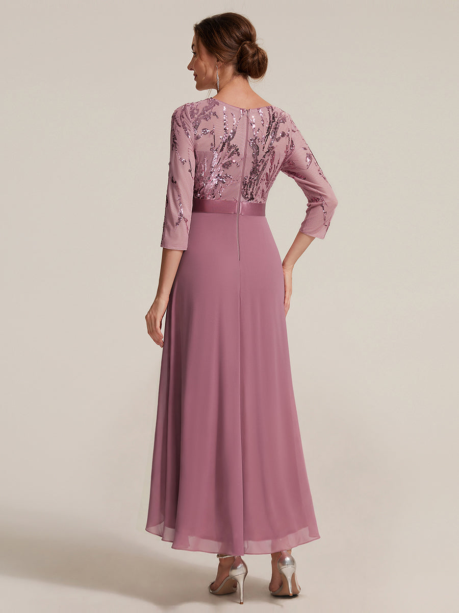 Asymmetrischer Saum Kleid Runder Ausschnitt Pailletten Transparent Schlitz Design #Farbe_Orchideenviolett