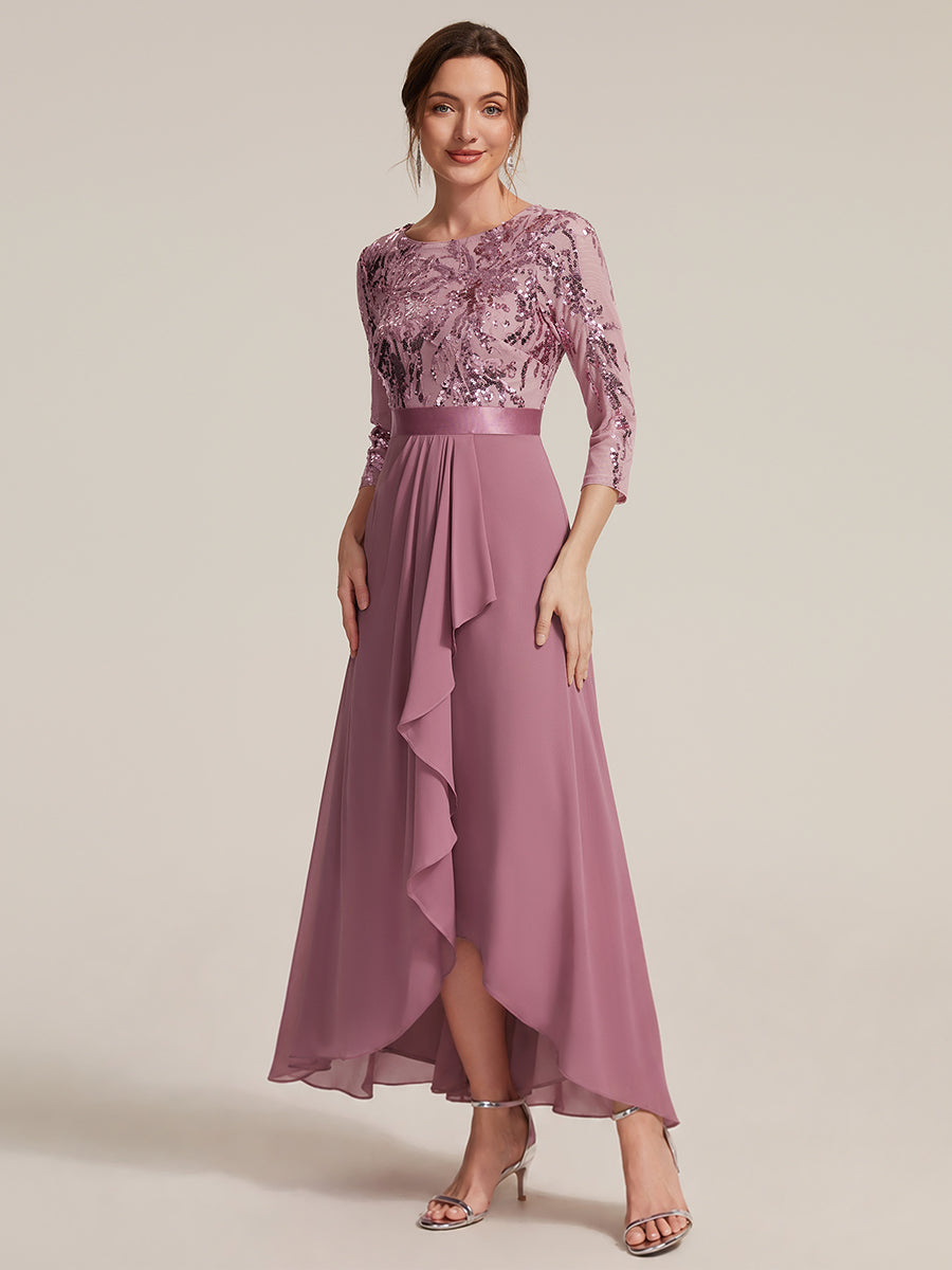 Asymmetrischer Saum Kleid Runder Ausschnitt Pailletten Transparent Schlitz Design #Farbe_Orchideenviolett