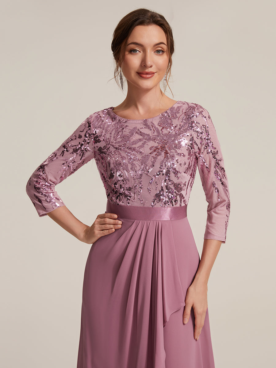 Asymmetrischer Saum Kleid Runder Ausschnitt Pailletten Transparent Schlitz Design #Farbe_Orchideenviolett