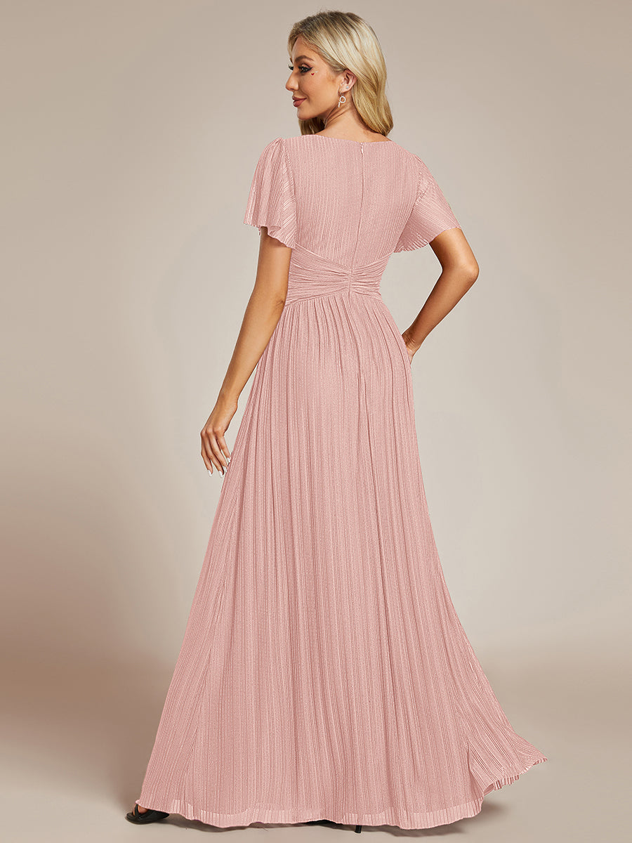 Bodenlanger V-Ausschnitt A-Linie Mesh Kleid Mit Falten Details Elegantes Abendkleid #Farbe_Pink