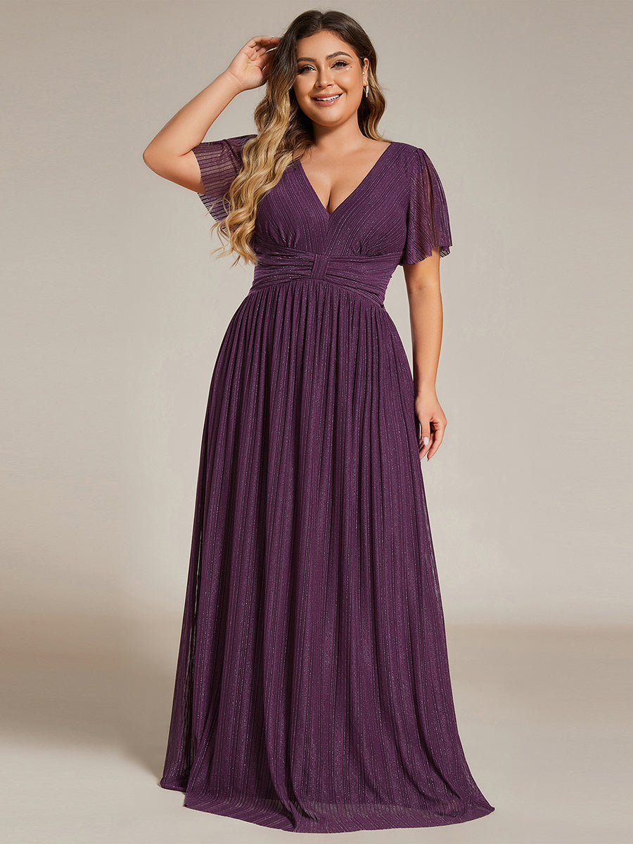 Bodenlanger V-Ausschnitt A-Linie Mesh Kleid Mit Falten Details Elegantes Abendkleid #Farbe_Glyzinienviolett