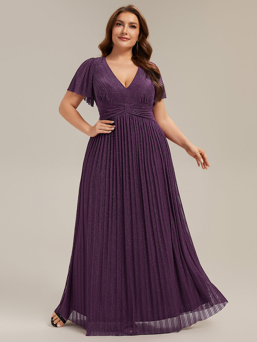 Bodenlanger V-Ausschnitt A-Linie Mesh Kleid Mit Falten Details Elegantes Abendkleid #Farbe_Glyzinienviolett