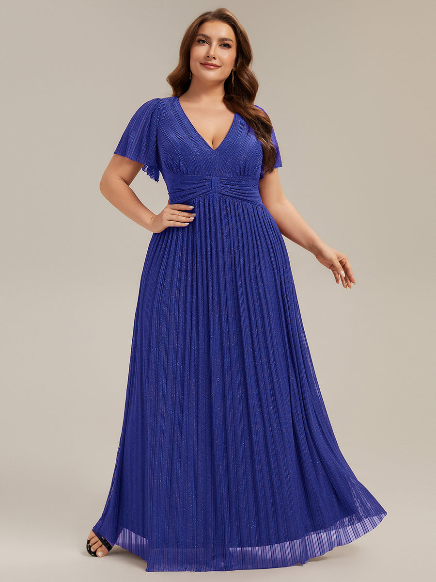 Bodenlanger V-Ausschnitt A-Linie Mesh Kleid Mit Falten Details Elegantes Abendkleid #Farbe_Saphirblau