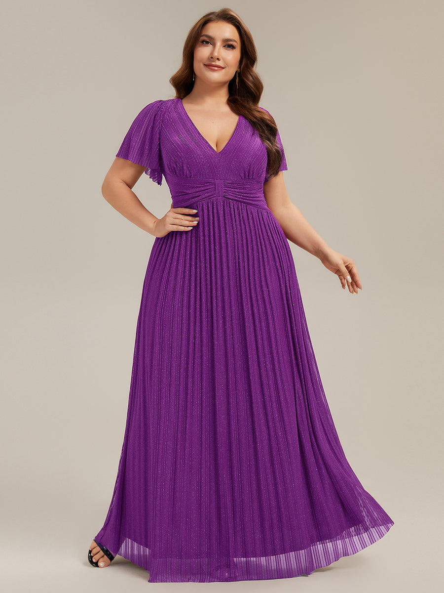 Bodenlanger V-Ausschnitt A-Linie Mesh Kleid Mit Falten Details Elegantes Abendkleid #Farbe_Traube