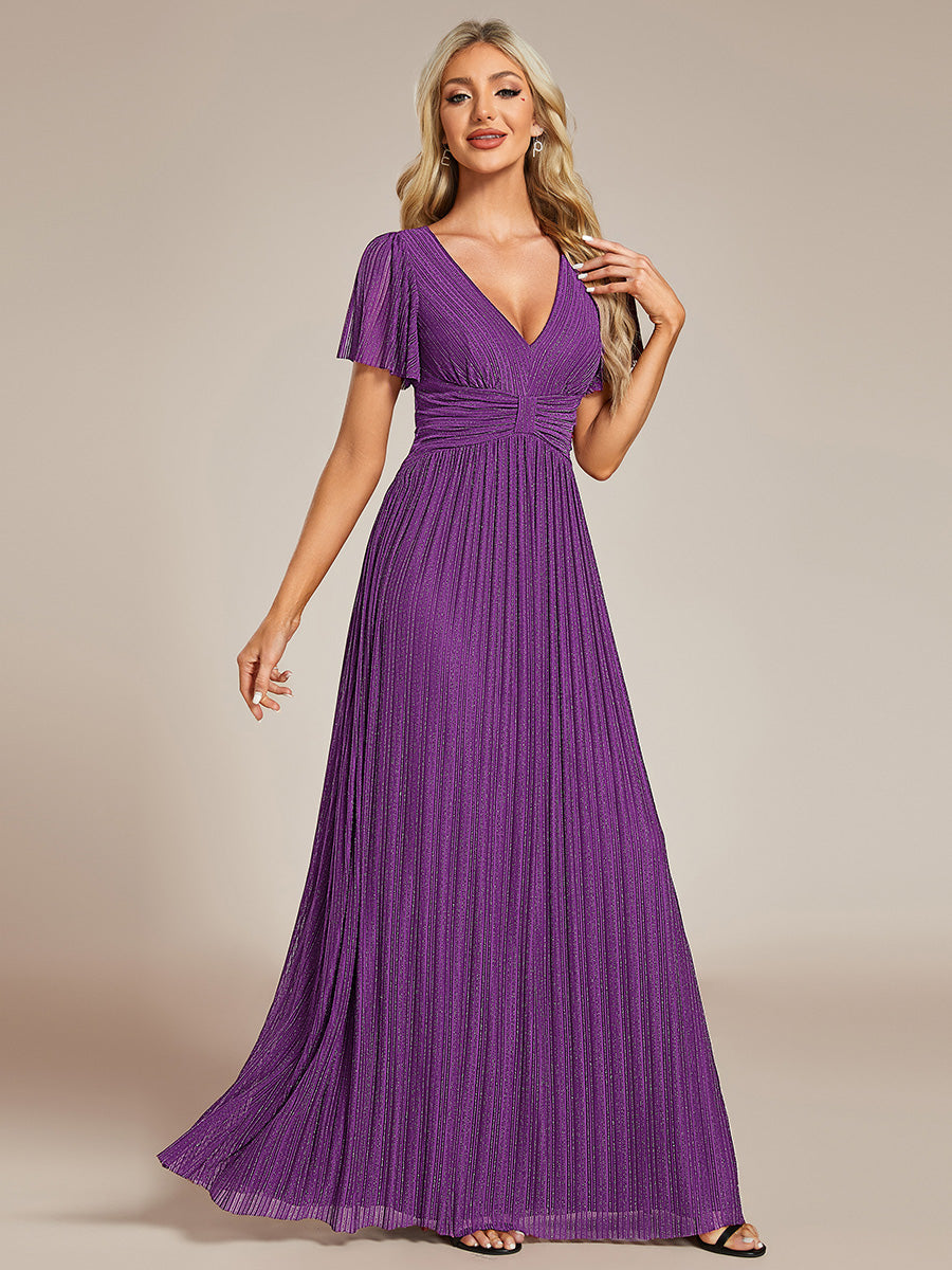 Bodenlanger V-Ausschnitt A-Linie Mesh Kleid Mit Falten Details Elegantes Abendkleid #Farbe_Traube