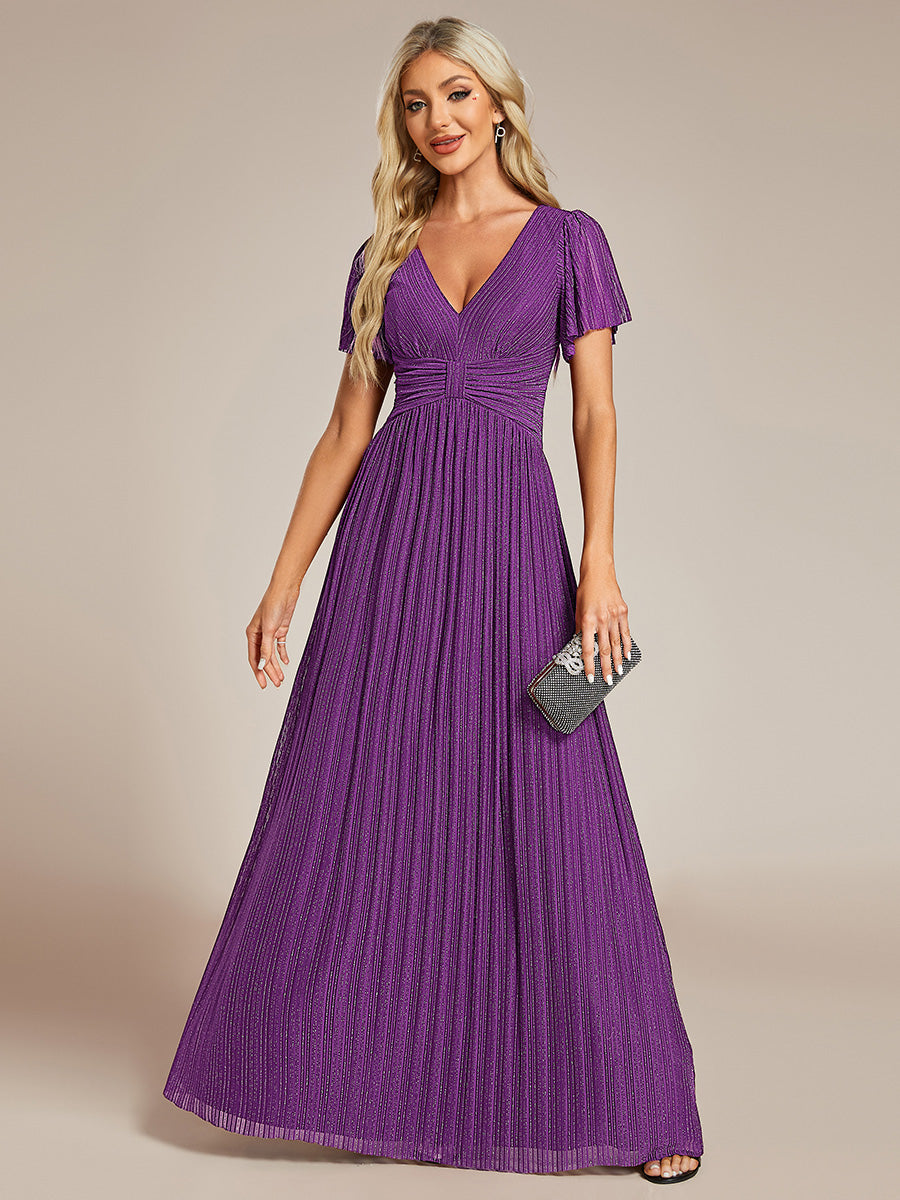 Bodenlanger V-Ausschnitt A-Linie Mesh Kleid Mit Falten Details Elegantes Abendkleid #Farbe_Traube