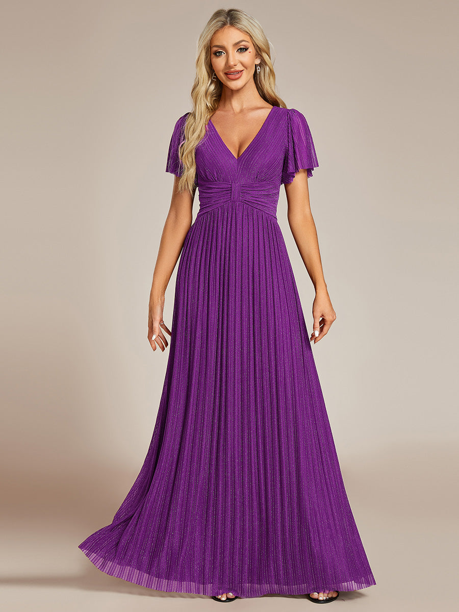 Bodenlanger V-Ausschnitt A-Linie Mesh Kleid Mit Falten Details Elegantes Abendkleid #Farbe_Traube