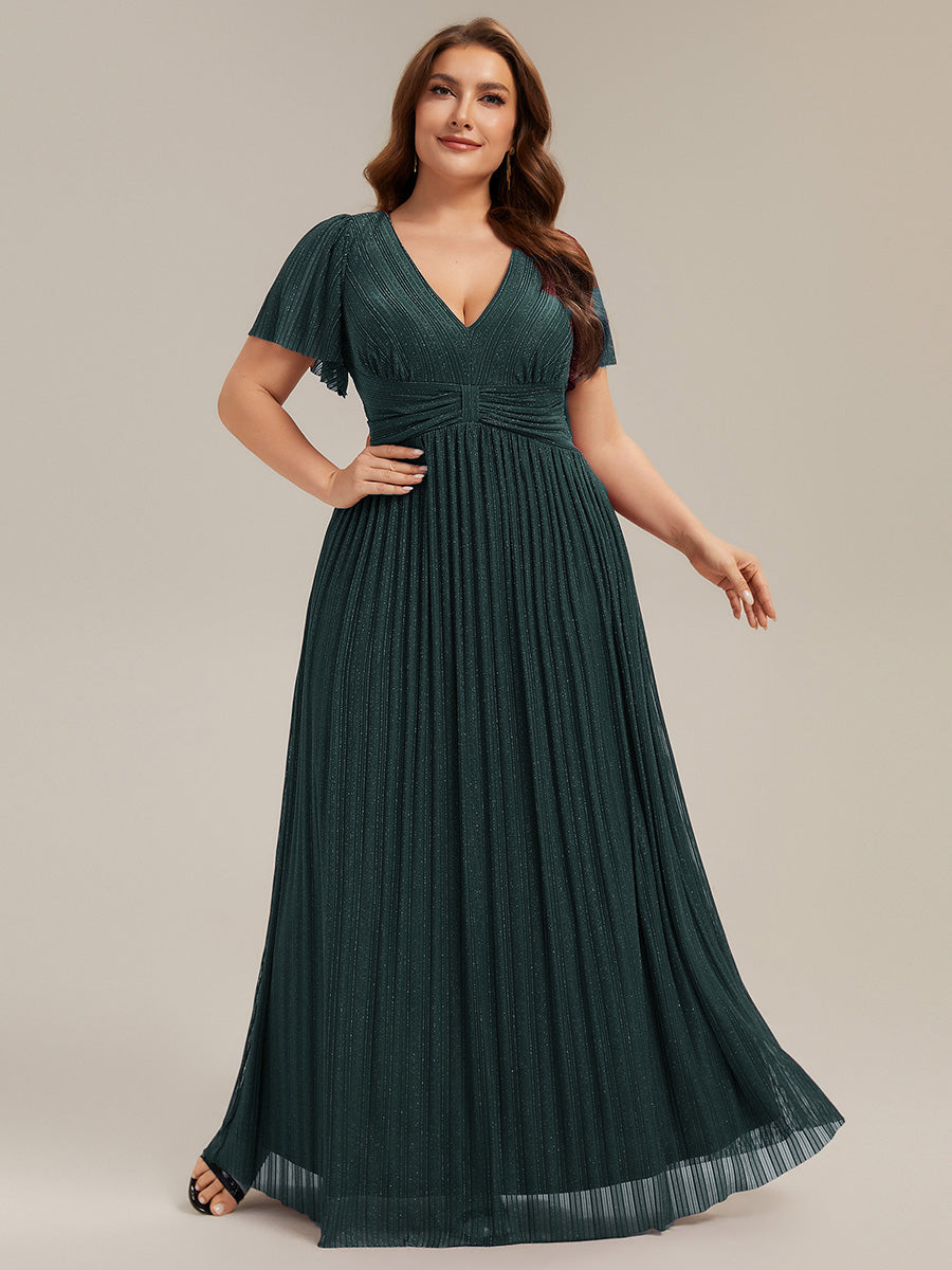 Bodenlanger V-Ausschnitt A-Linie Mesh Kleid Mit Falten Details Elegantes Abendkleid #Farbe_Petrol