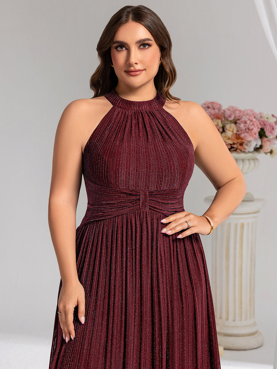 Bodenlanger Halterneck A-Linie Mesh Kleid Mit Tiefem V-Ausschnitt Eleganz Kleid #Farbe_Burgunderrot