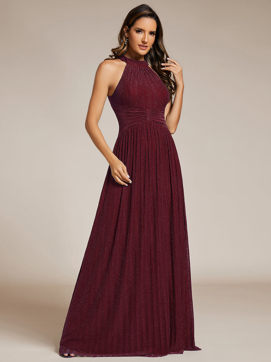 Bodenlanger Halterneck A-Linie Mesh Kleid Mit Tiefem V-Ausschnitt Eleganz Kleid #Farbe_Burgunderrot