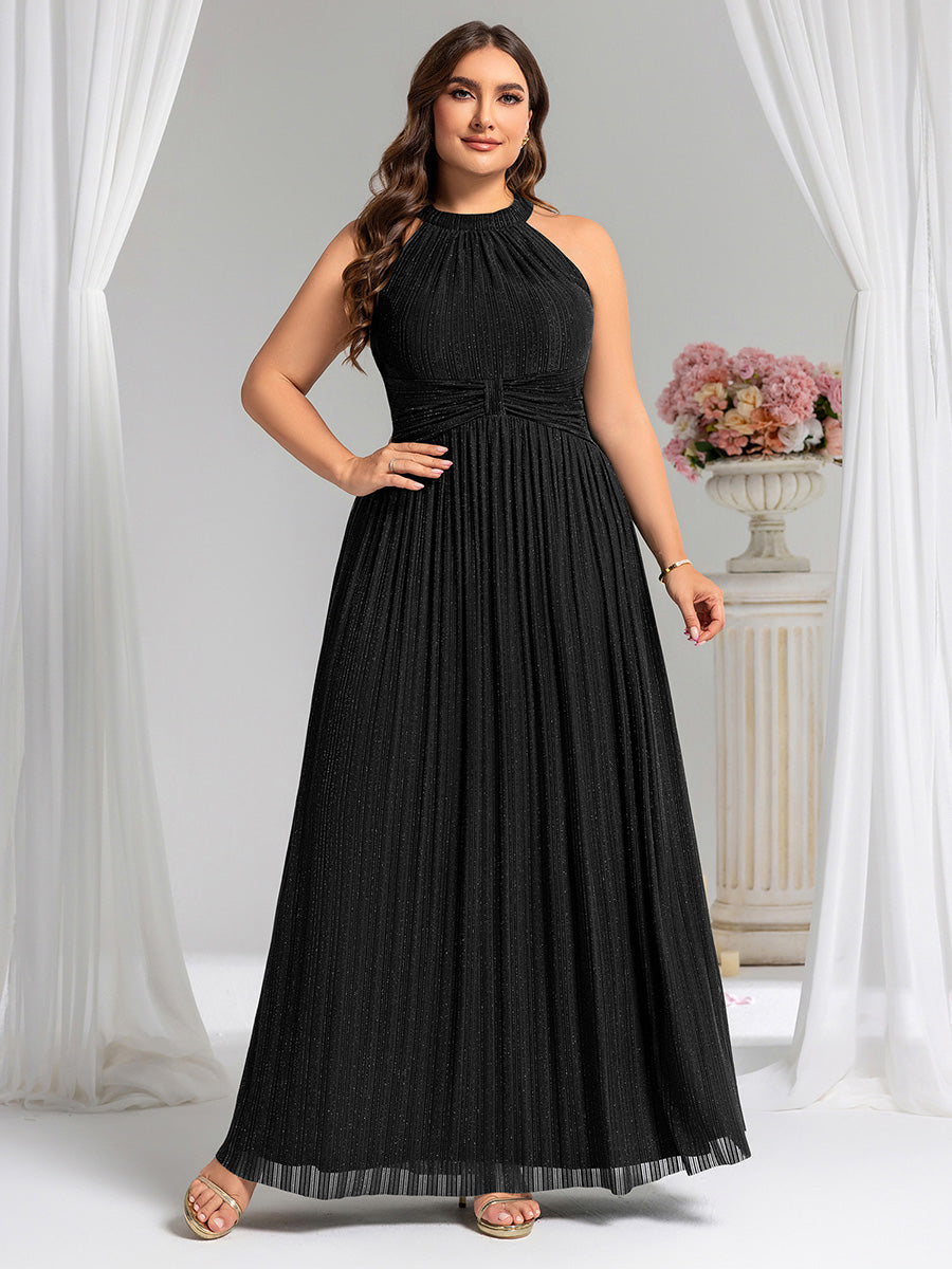 Bodenlanger Halterneck A-Linie Mesh Kleid Mit Tiefem V-Ausschnitt Eleganz Kleid #Farbe_Schwarz