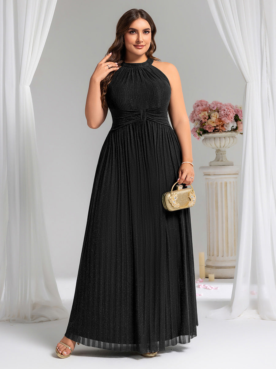 Bodenlanger Halterneck A-Linie Mesh Kleid Mit Tiefem V-Ausschnitt Eleganz Kleid #Farbe_Schwarz
