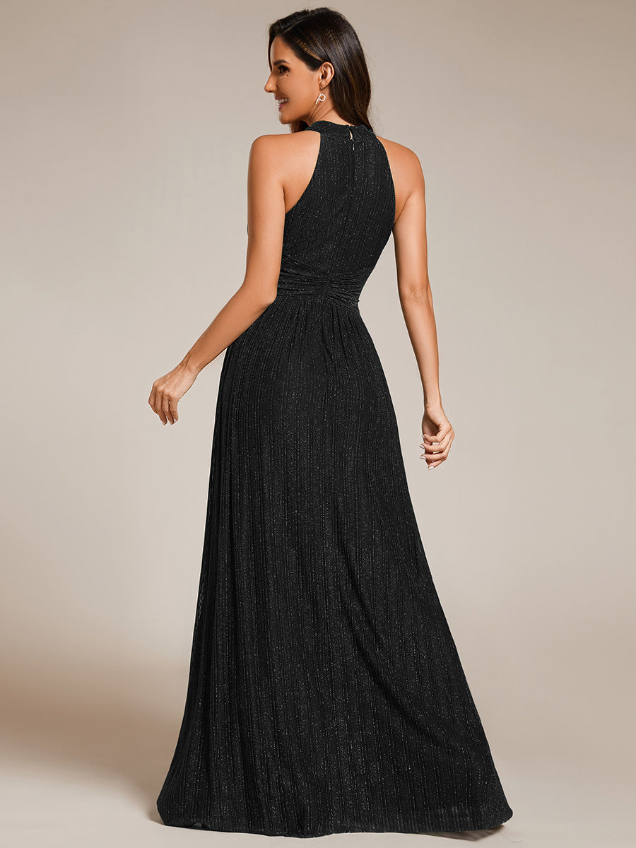 Bodenlanger Halterneck A-Linie Mesh Kleid Mit Tiefem V-Ausschnitt Eleganz Kleid #Farbe_Schwarz