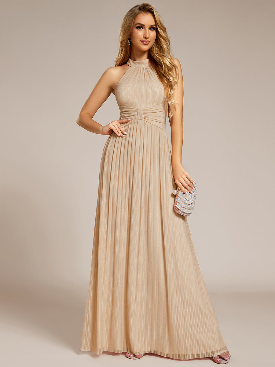 Bodenlanger Halterneck A-Linie Mesh Kleid Mit Tiefem V-Ausschnitt Eleganz Kleid #Farbe_Champagner