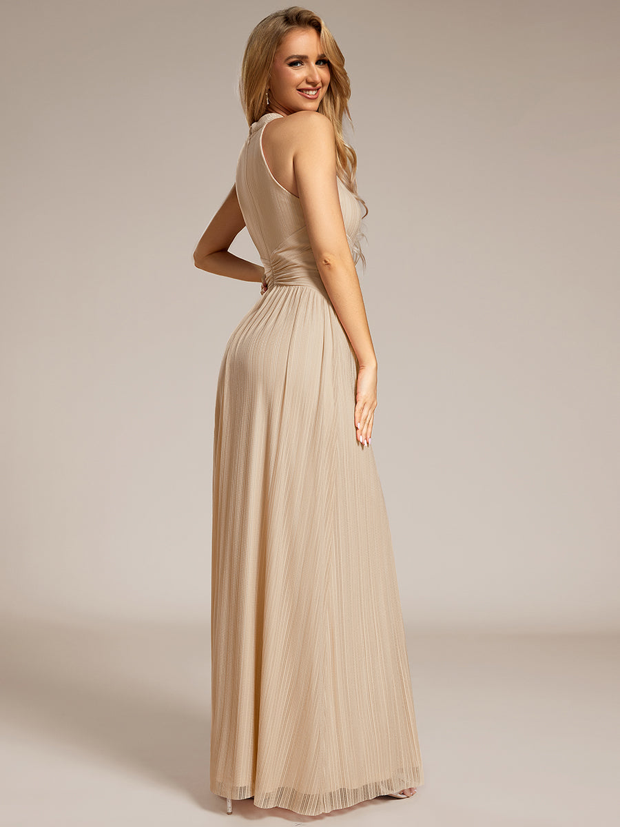 Bodenlanger Halterneck A-Linie Mesh Kleid Mit Tiefem V-Ausschnitt Eleganz Kleid #Farbe_Champagner