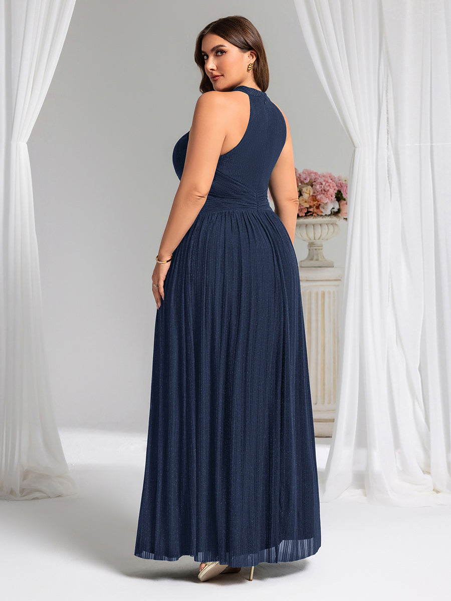Bodenlanger Halterneck A-Linie Mesh Kleid Mit Tiefem V-Ausschnitt Eleganz Kleid #Farbe_Marineblau
