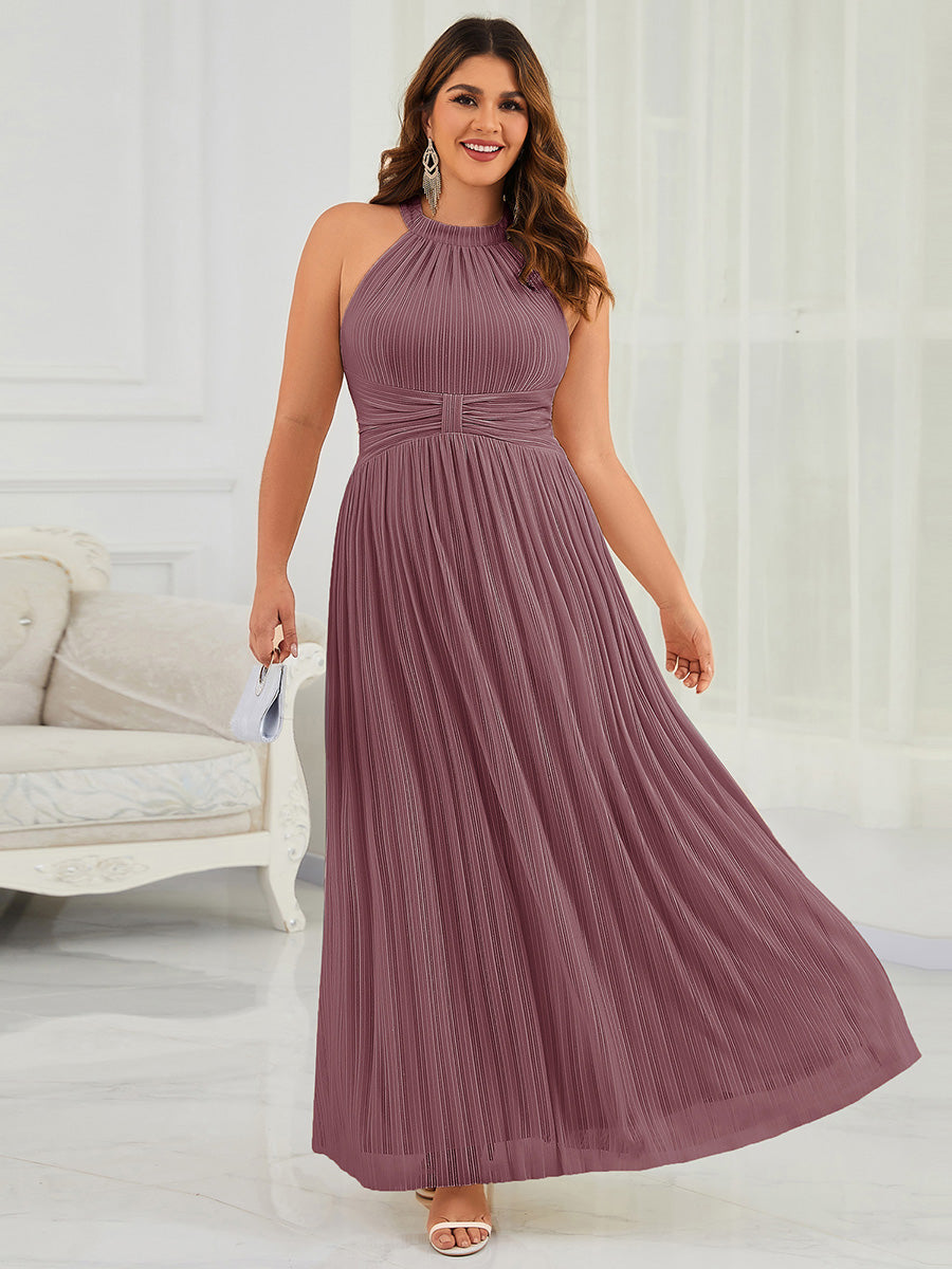 Bodenlanger Halterneck A-Linie Mesh Kleid Mit Tiefem V-Ausschnitt Eleganz Kleid #Farbe_Orchideenviolett