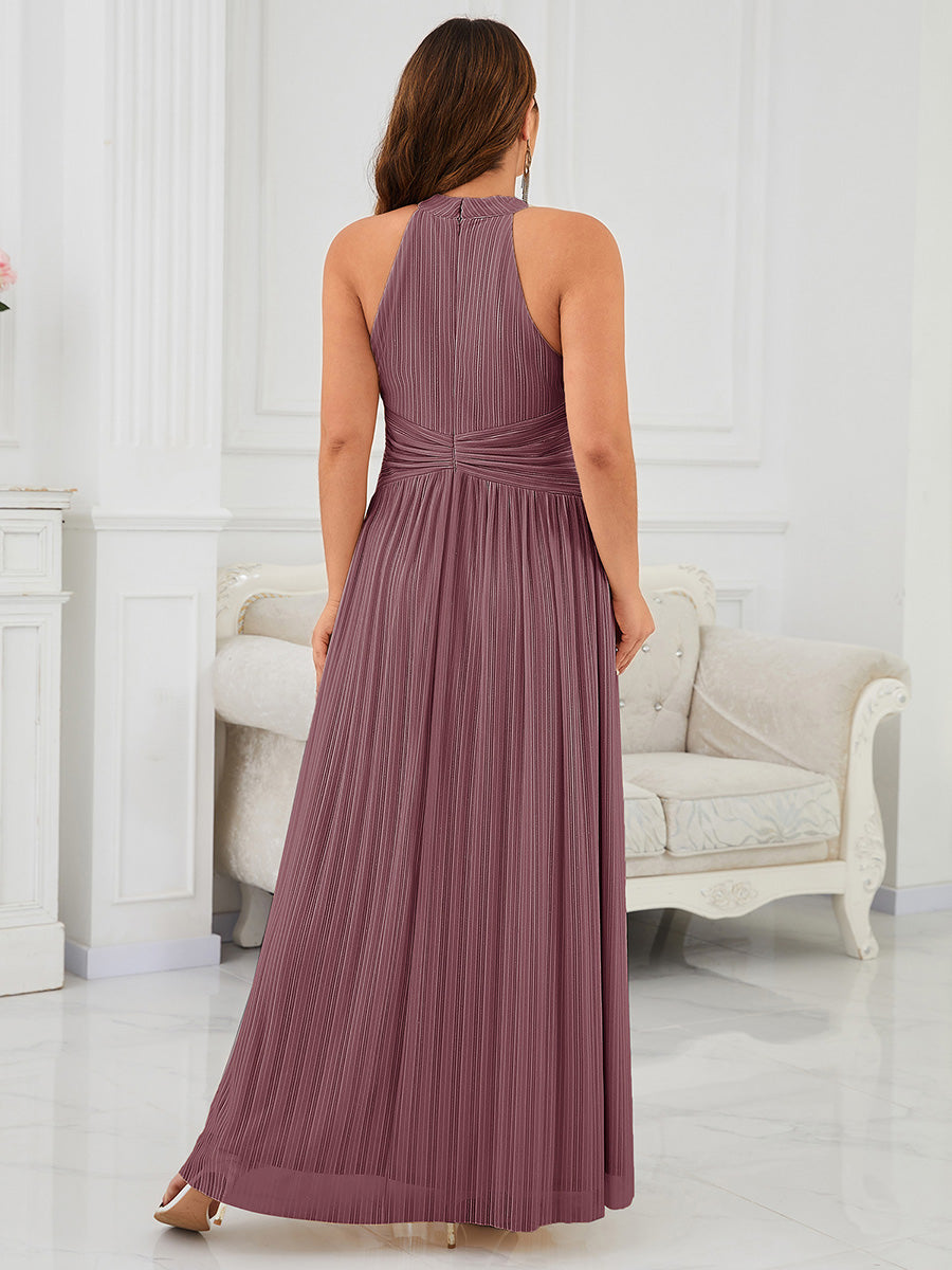 Bodenlanger Halterneck A-Linie Mesh Kleid Mit Tiefem V-Ausschnitt Eleganz Kleid #Farbe_Orchideenviolett
