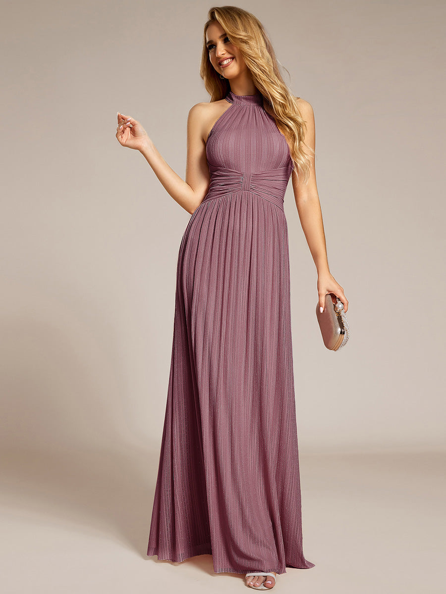 Bodenlanger Halterneck A-Linie Mesh Kleid Mit Tiefem V-Ausschnitt Eleganz Kleid #Farbe_Orchideenviolett