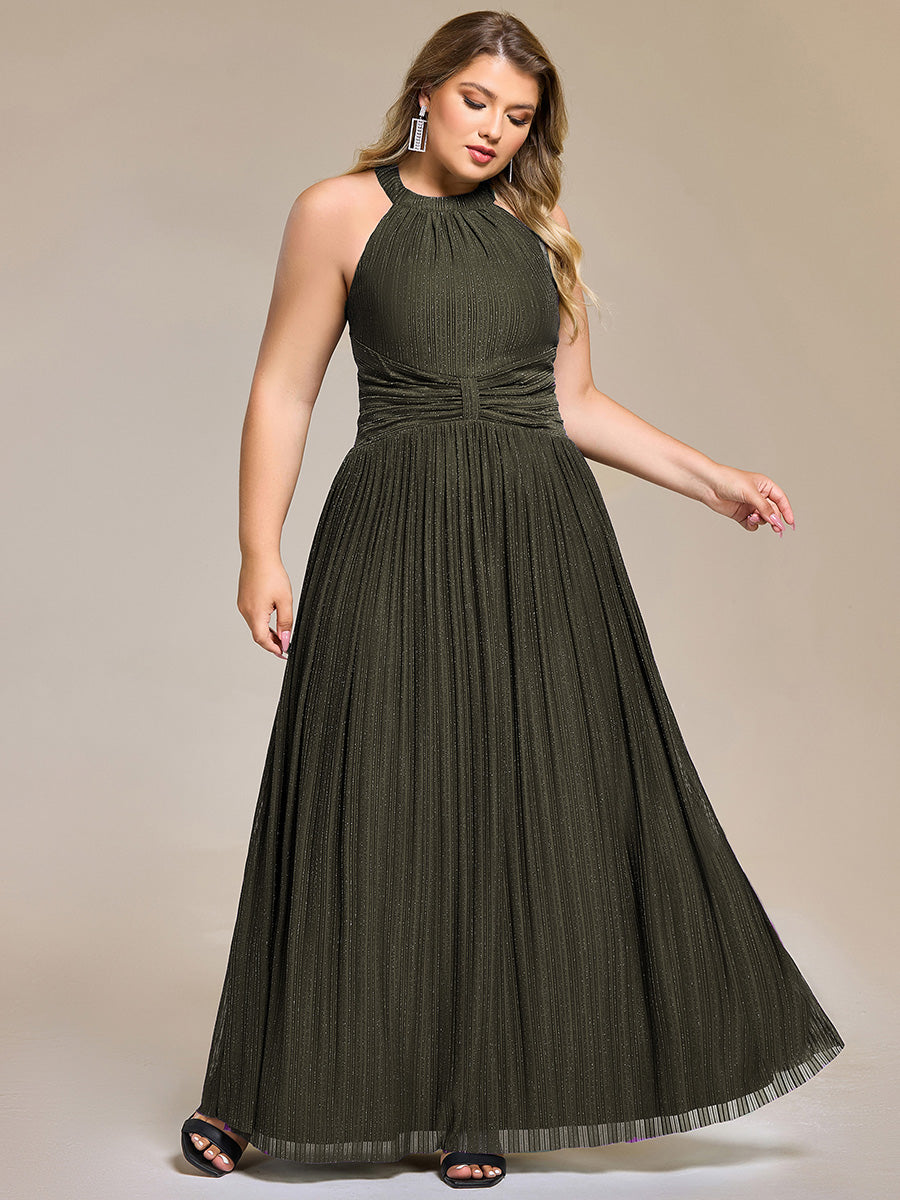 Bodenlanger Halterneck A-Linie Mesh Kleid Mit Tiefem V-Ausschnitt Eleganz Kleid #Farbe_Olivgrün