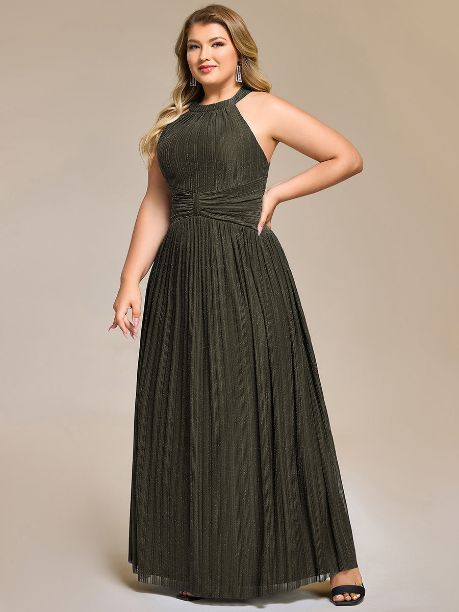 Bodenlanger Halterneck A-Linie Mesh Kleid Mit Tiefem V-Ausschnitt Eleganz Kleid #Farbe_Olivgrün