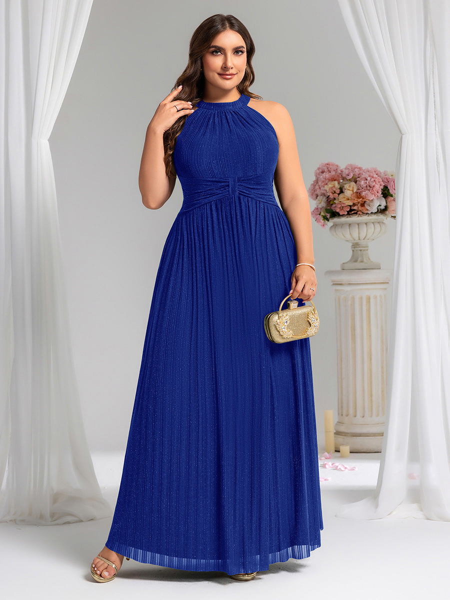 Bodenlanger Halterneck A-Linie Mesh Kleid Mit Tiefem V-Ausschnitt Eleganz Kleid #Farbe_Saphirblau