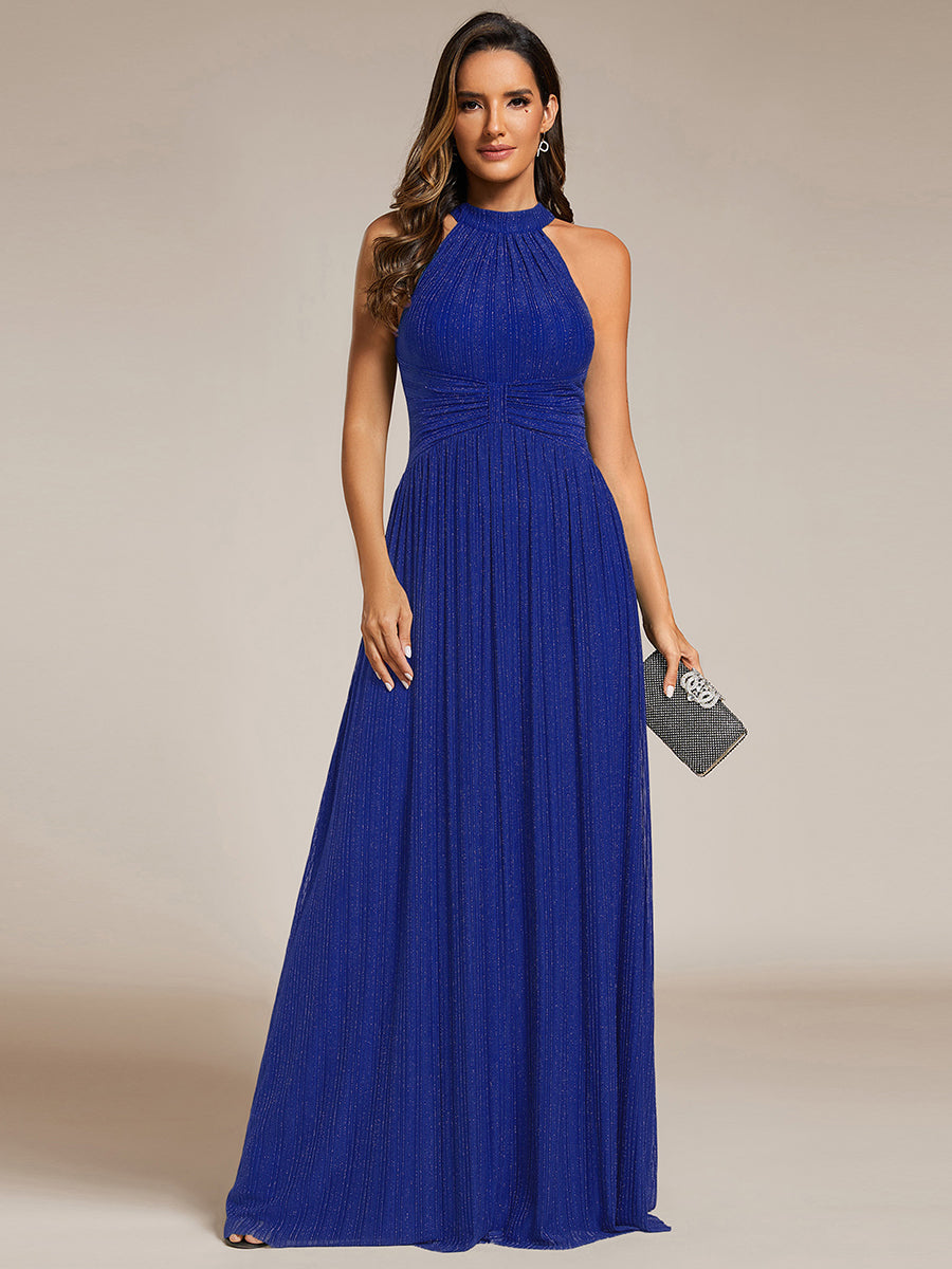 Bodenlanger Halterneck A-Linie Mesh Kleid Mit Tiefem V-Ausschnitt Eleganz Kleid #Farbe_Saphirblau