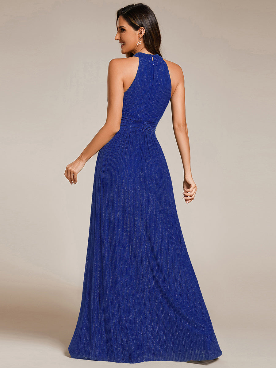 Bodenlanger Halterneck A-Linie Mesh Kleid Mit Tiefem V-Ausschnitt Eleganz Kleid #Farbe_Saphirblau