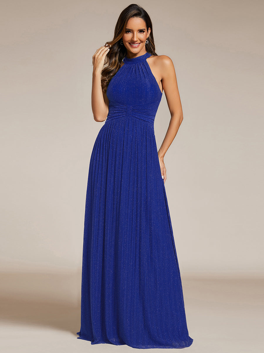 Bodenlanger Halterneck A-Linie Mesh Kleid Mit Tiefem V-Ausschnitt Eleganz Kleid #Farbe_Saphirblau