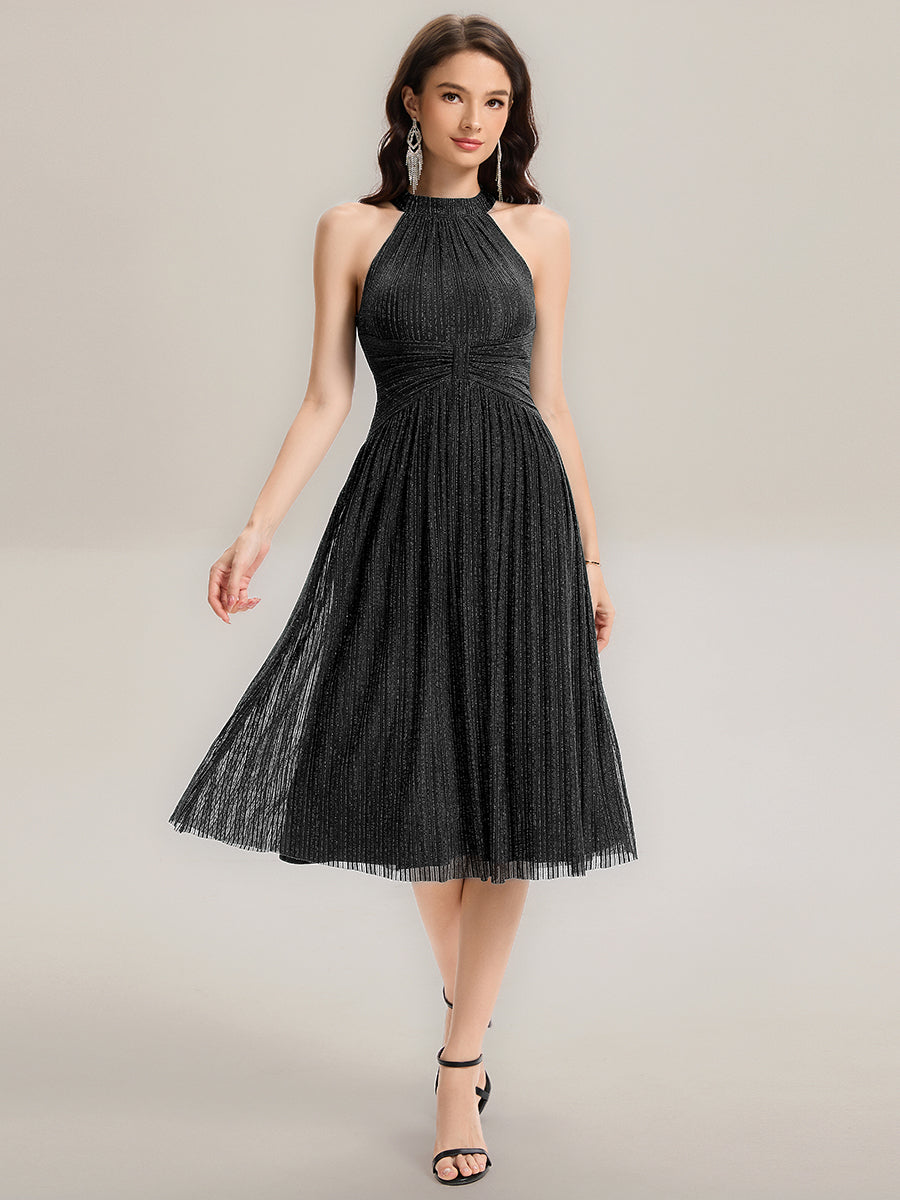 Midi Und Tea Länge Halterneck A Linie Mesh Kleid Mit Elegantem Design Und Bequemem Sitz #Farbe_Schwarz