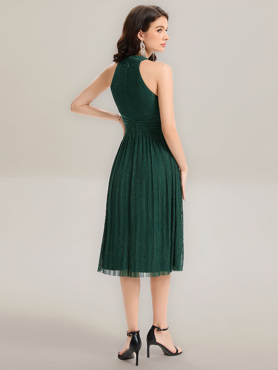 Midi Und Tea Länge Halterneck A Linie Mesh Kleid Mit Elegantem Design Und Bequemem Sitz #Farbe_Dunkelgrün