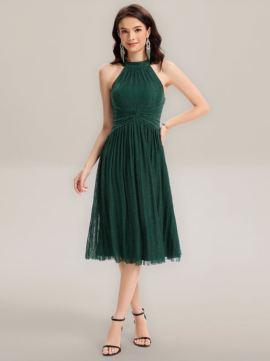Midi Und Tea Länge Halterneck A Linie Mesh Kleid Mit Elegantem Design Und Bequemem Sitz #Farbe_Dunkelgrün