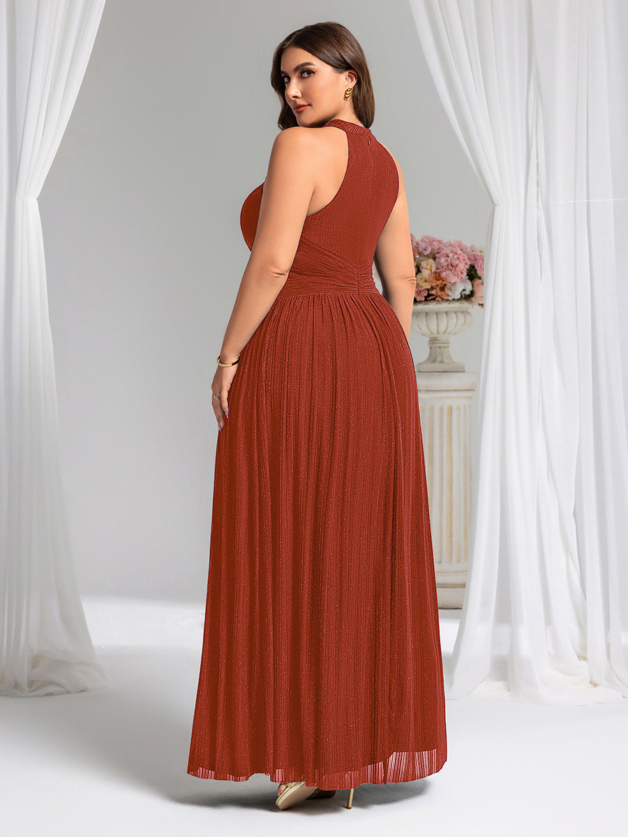 Bodenlanger Halterneck A-Linie Mesh Kleid Mit Tiefem V-Ausschnitt Eleganz Kleid #Farbe_Gebranntes Orange