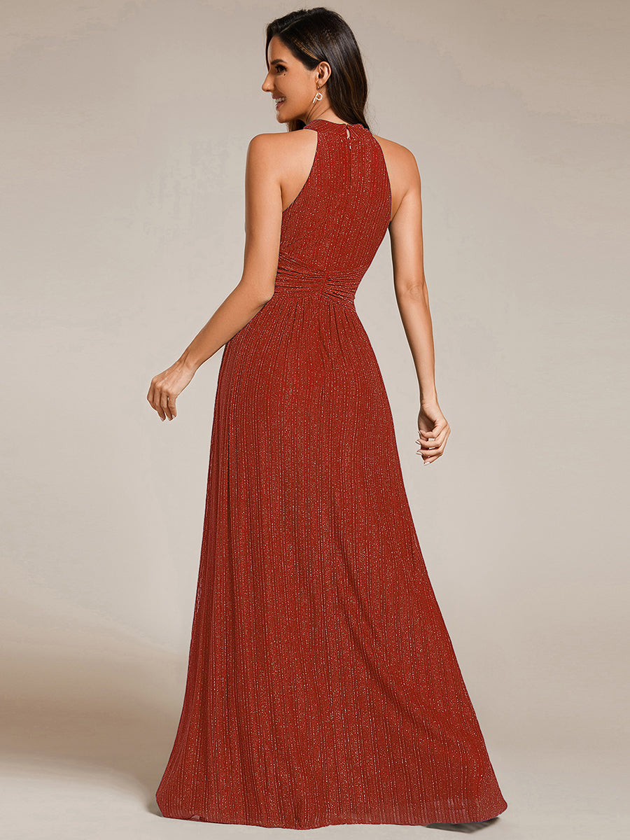 Bodenlanger Halterneck A-Linie Mesh Kleid Mit Tiefem V-Ausschnitt Eleganz Kleid #Farbe_Gebranntes Orange