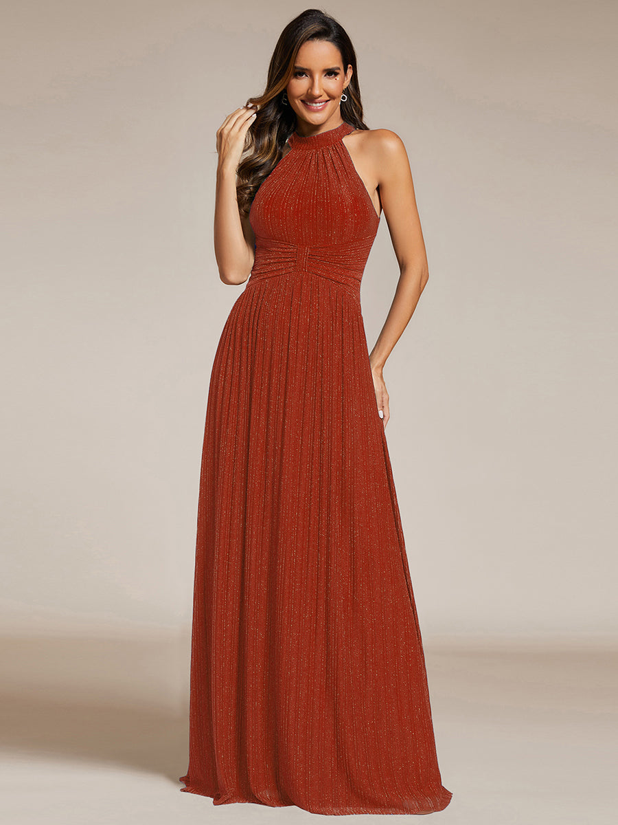 Bodenlanger Halterneck A-Linie Mesh Kleid Mit Tiefem V-Ausschnitt Eleganz Kleid #Farbe_Gebranntes Orange
