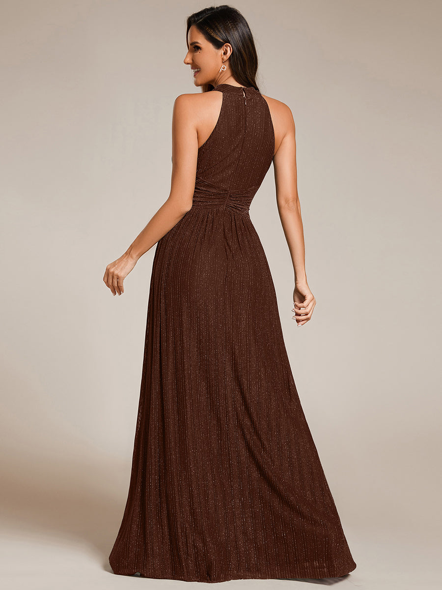 Bodenlanger Halterneck A-Linie Mesh Kleid Mit Tiefem V-Ausschnitt Eleganz Kleid #Farbe_Schokoladenbraun