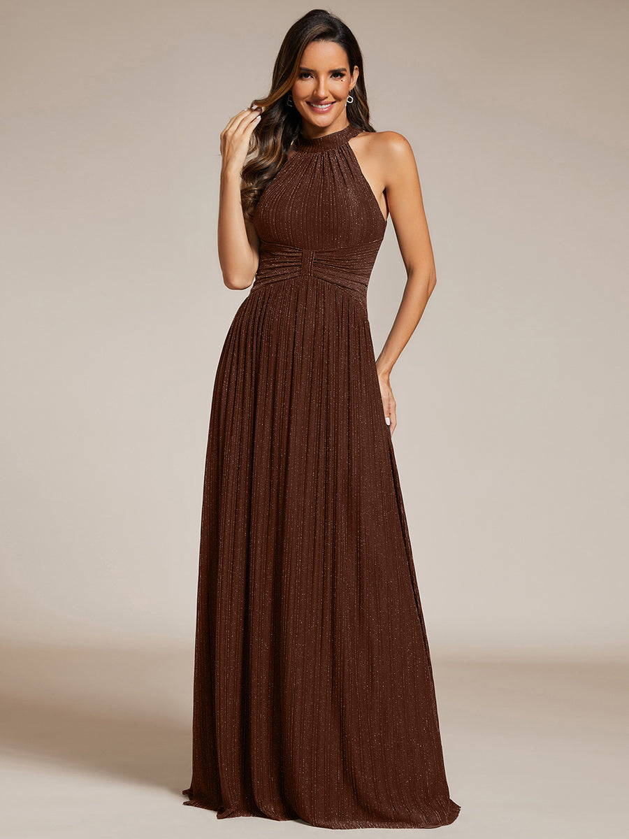 Bodenlanger Halterneck A-Linie Mesh Kleid Mit Tiefem V-Ausschnitt Eleganz Kleid #Farbe_Schokoladenbraun