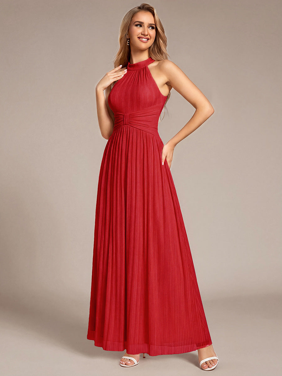 Bodenlanger Halterneck A-Linie Mesh Kleid Mit Tiefem V-Ausschnitt Eleganz Kleid #Farbe_Rot