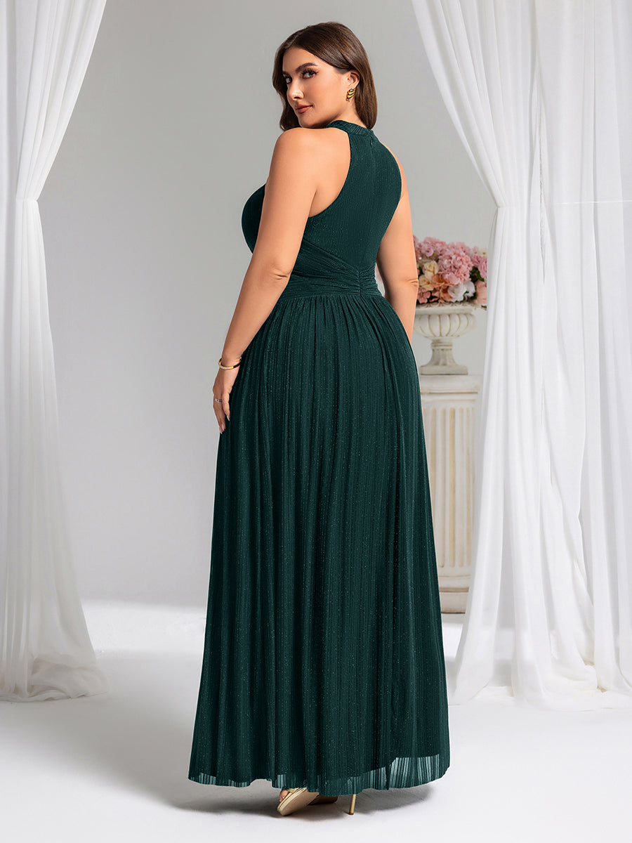 Bodenlanger Halterneck A-Linie Mesh Kleid Mit Tiefem V-Ausschnitt Eleganz Kleid #Farbe_Petrol
