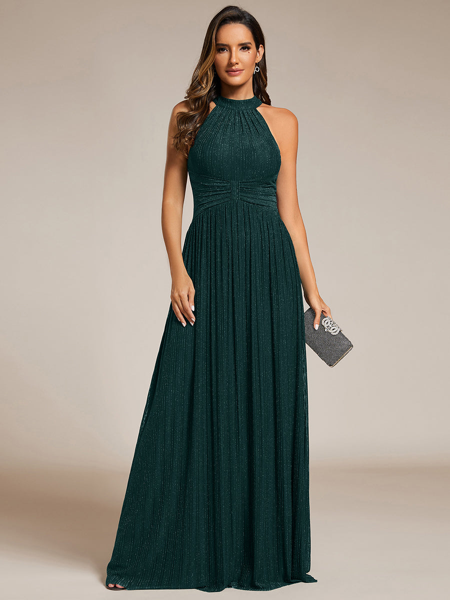 Bodenlanger Halterneck A-Linie Mesh Kleid Mit Tiefem V-Ausschnitt Eleganz Kleid #Farbe_Petrol