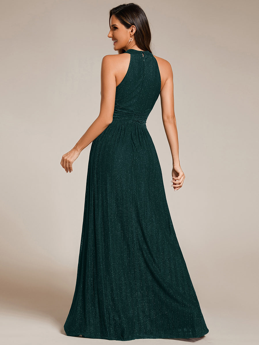 Bodenlanger Halterneck A-Linie Mesh Kleid Mit Tiefem V-Ausschnitt Eleganz Kleid #Farbe_Petrol
