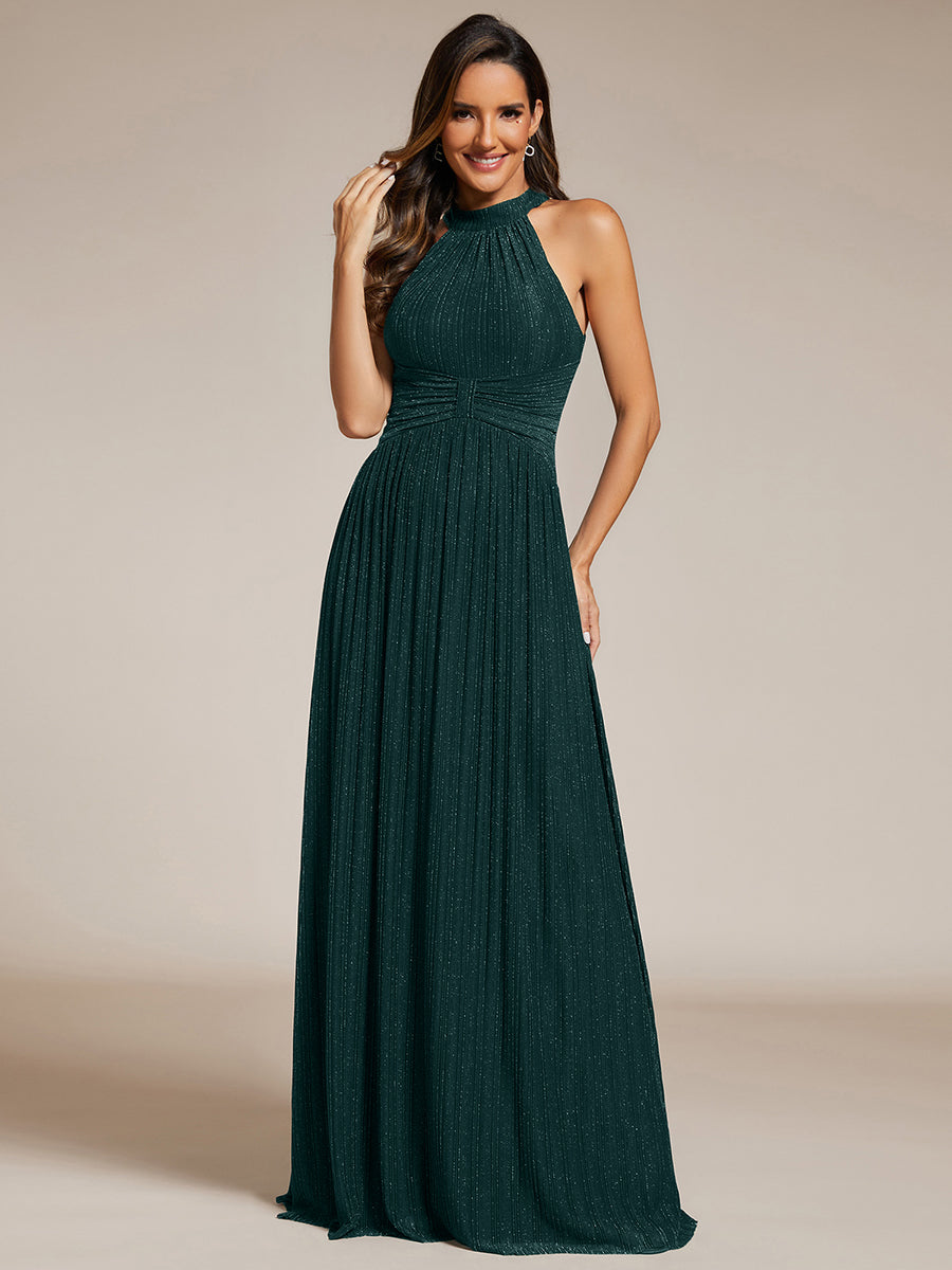 Bodenlanger Halterneck A-Linie Mesh Kleid Mit Tiefem V-Ausschnitt Eleganz Kleid #Farbe_Petrol
