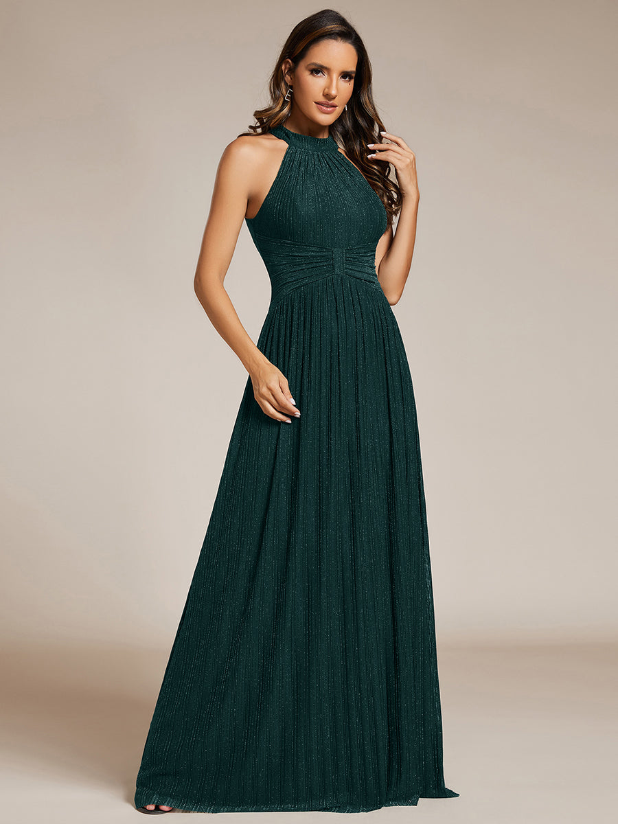 Bodenlanger Halterneck A-Linie Mesh Kleid Mit Tiefem V-Ausschnitt Eleganz Kleid #Farbe_Petrol