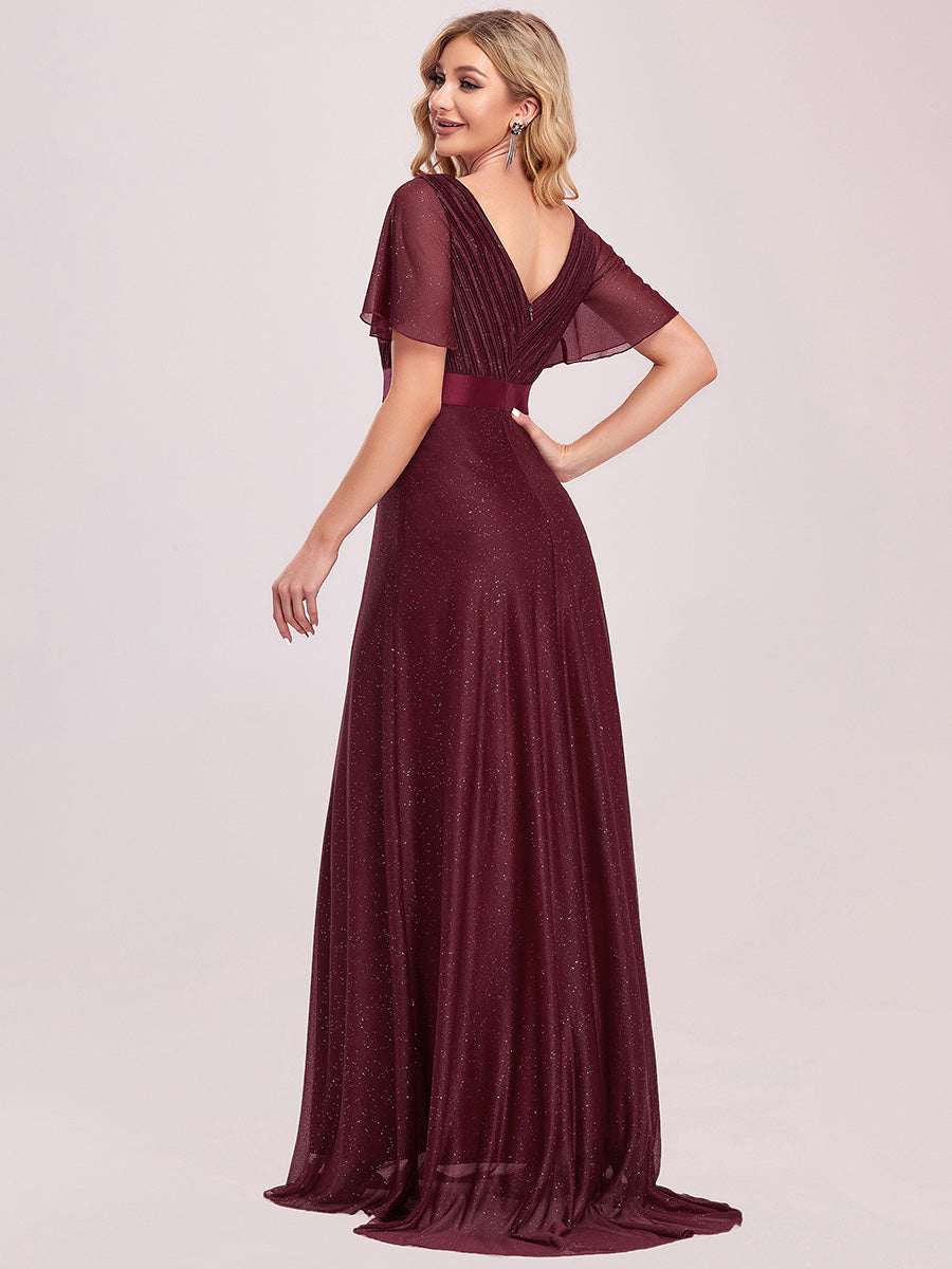 Bodenlanger A-Linien Kleid Mit Tiefem V-Ausschnitt Aus Diamant Leinen Falten Design Kleid #Farbe_Burgunderrot