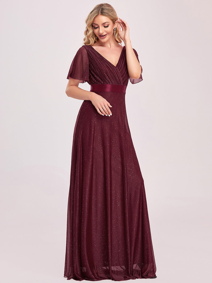 Bodenlanger A-Linien Kleid Mit Tiefem V-Ausschnitt Aus Diamant Leinen Falten Design Kleid #Farbe_Burgunderrot