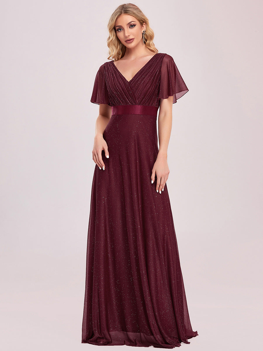 Bodenlanger A-Linien Kleid Mit Tiefem V-Ausschnitt Aus Diamant Leinen Falten Design Kleid #Farbe_Burgunderrot